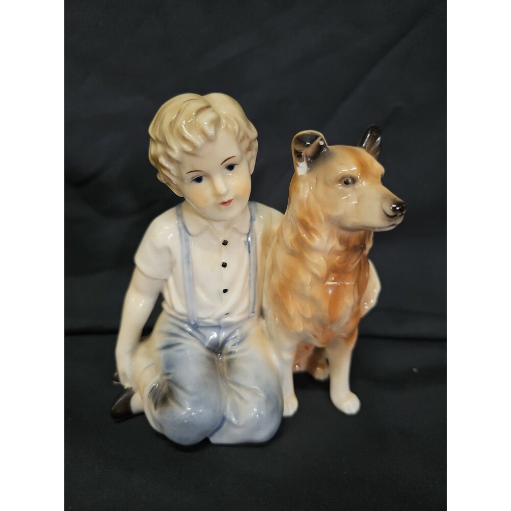 Vintage Decor St Paul Minn Japan Porcelain Figurine Boy And Dog